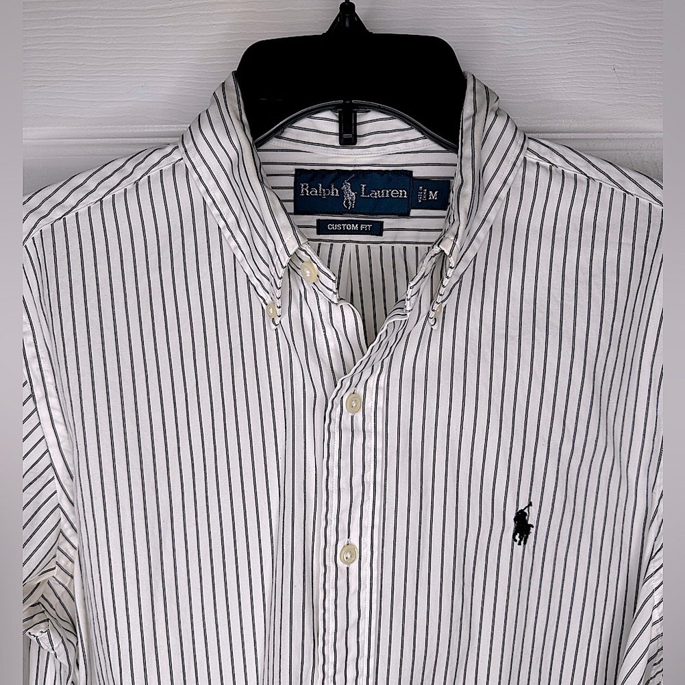 Ralph Lauren Dress Shirt Size Medium White Gray Long Sleeve CUSTOM FIT Logo